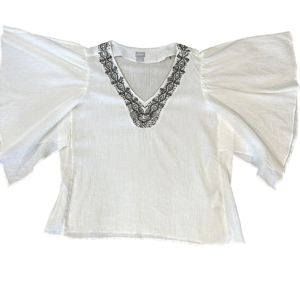 Chico's White Blouse with Neckline Embroidered with Gray Beading Size XL - Picture 2 of 12